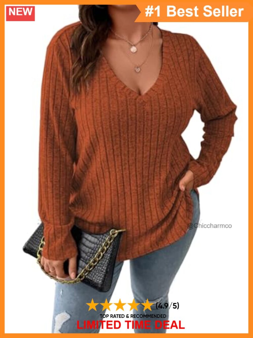 Plus Size Knit V Neck Long Sleeve Tunic Sweater Pullover